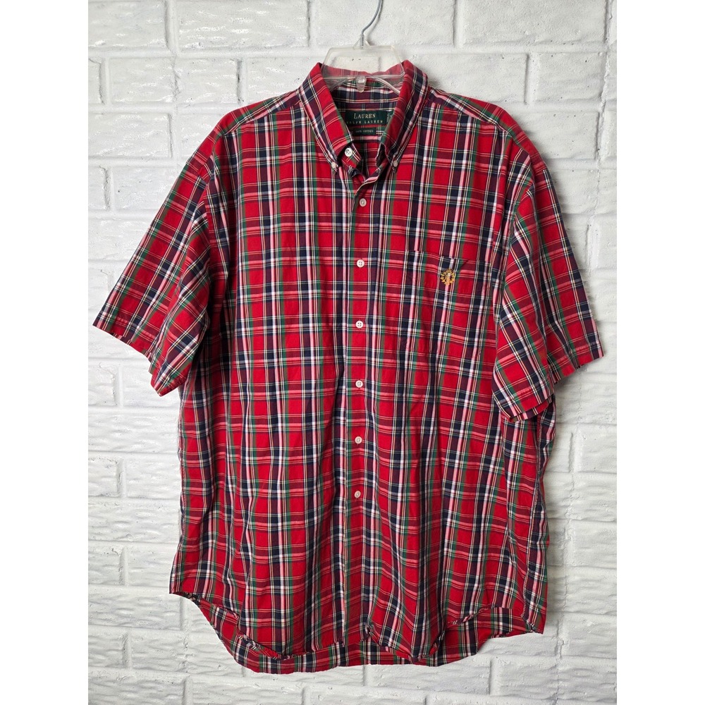 Men's size XL button up shirt LAUREN Ralph Lauren Plaid Red short sleeve Cotton